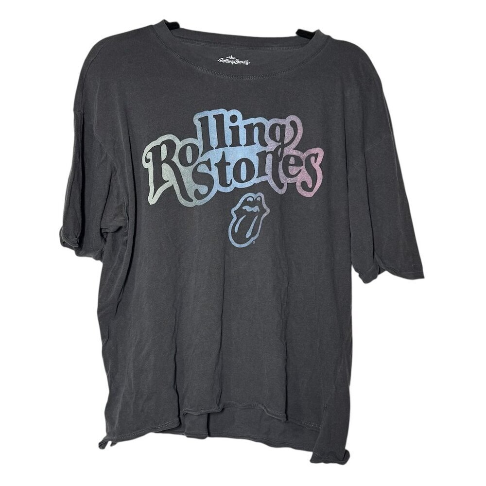 The Rolling Stones Graphic Tee Charcoal Gray Blue Pink Spellout Size Large